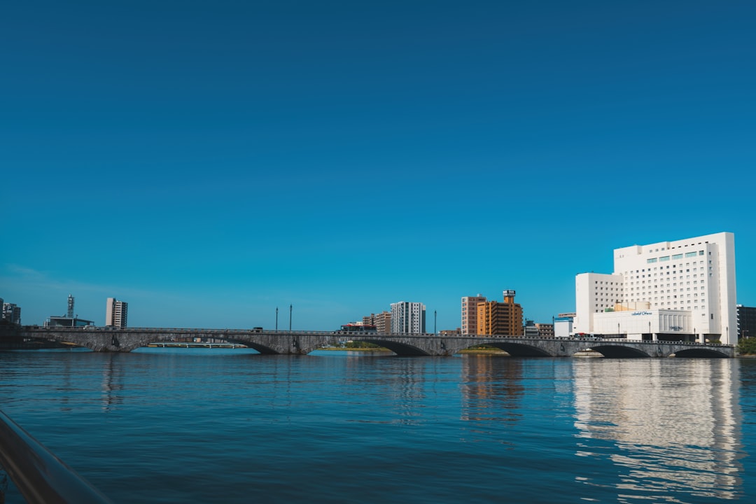 a bridge over a body of water with buildings in the background
