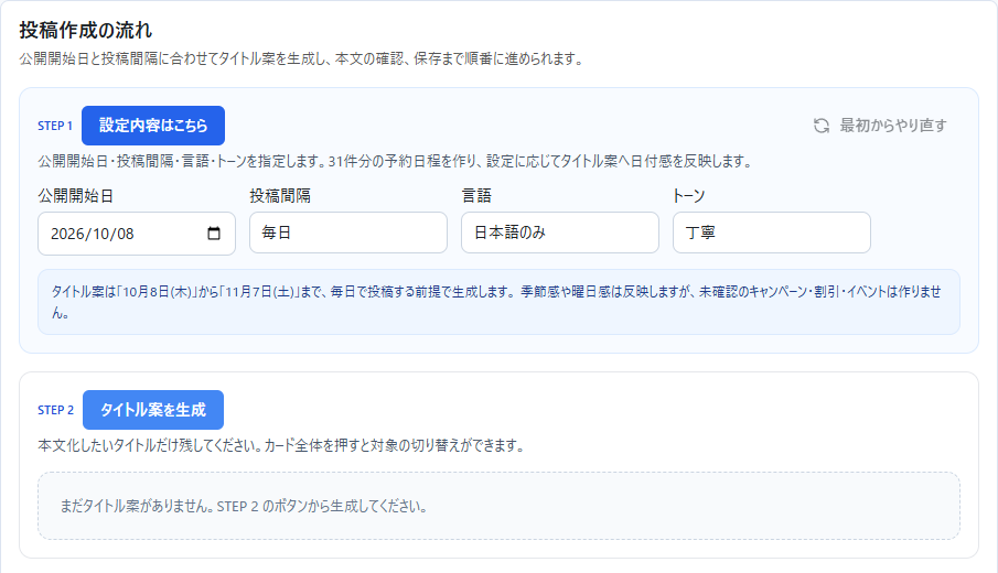 Google投稿をまとめて作成する画面。公開開始日・投稿間隔・言語・トーンを指定して31件分の予約日程を作る