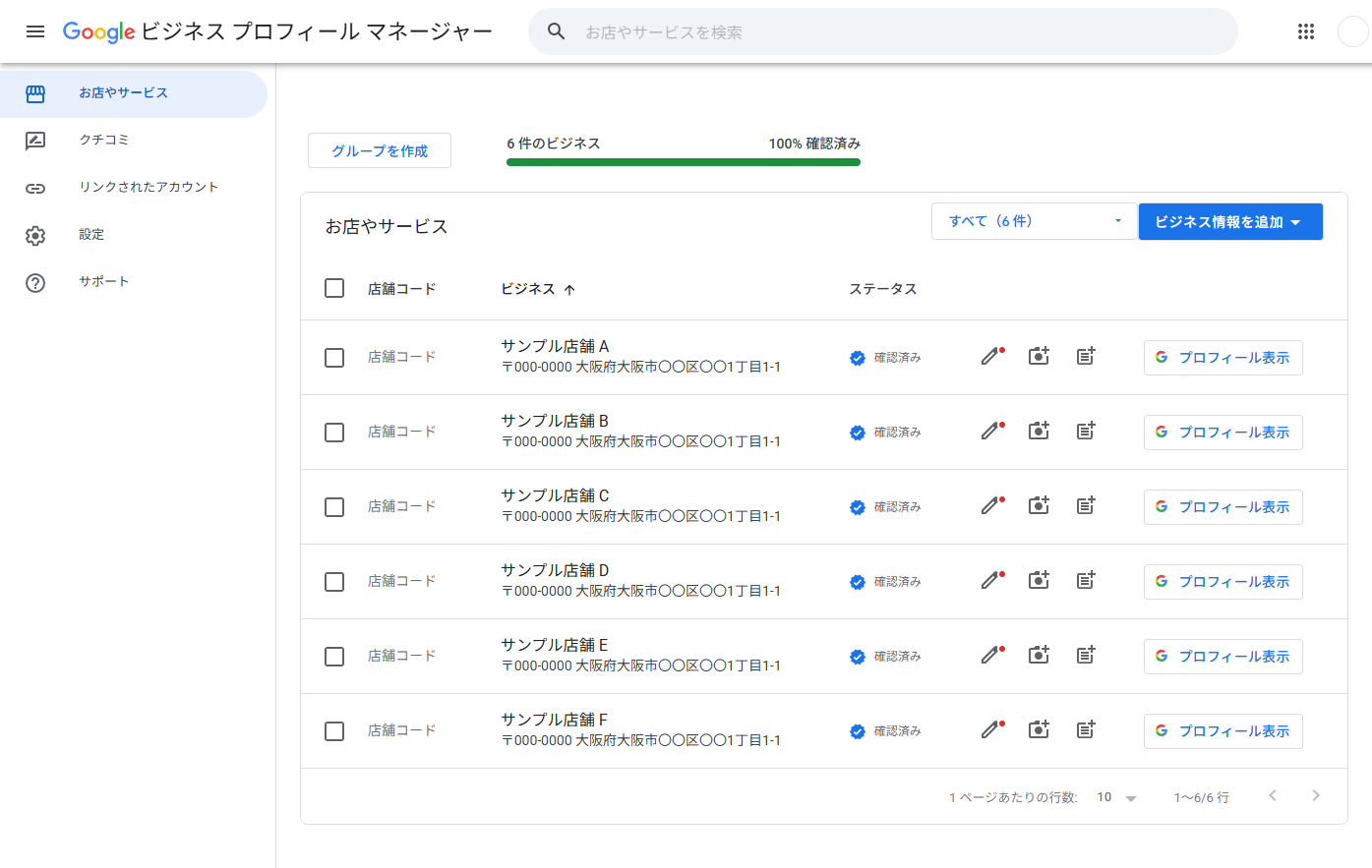 ビジネスプロフィールマネージャーのお店やサービス一覧。6件のビジネスが確認済みで並んでいる