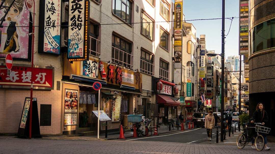 日本の商店街。看板の表記が店ごとに違う